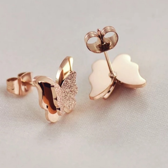 Rose gold stainless steel butterfly earrings. - Picture 5 of 8